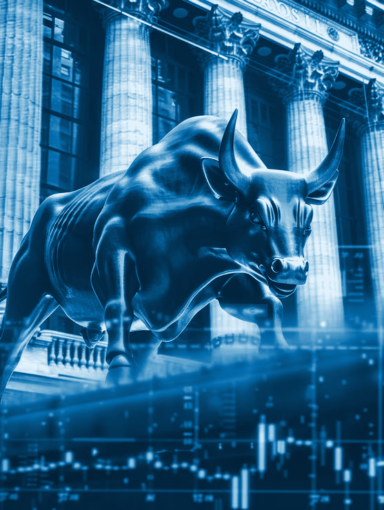Bronze bull statue in front of a stock exchange